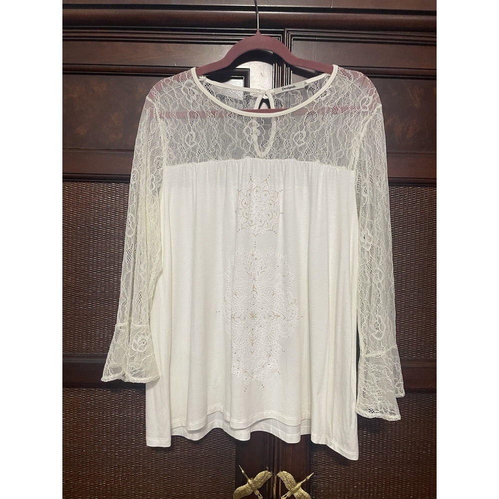 Desigual Ivana Ivory Embroidered Front Long Lace Sleeve Top Womens XL Fairy